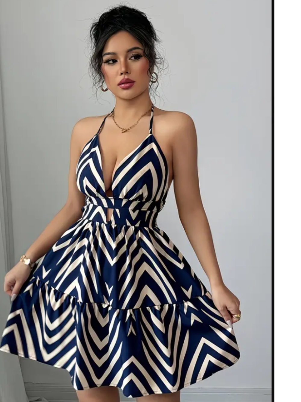 Navy and Cream Striped Halter Mini Dress